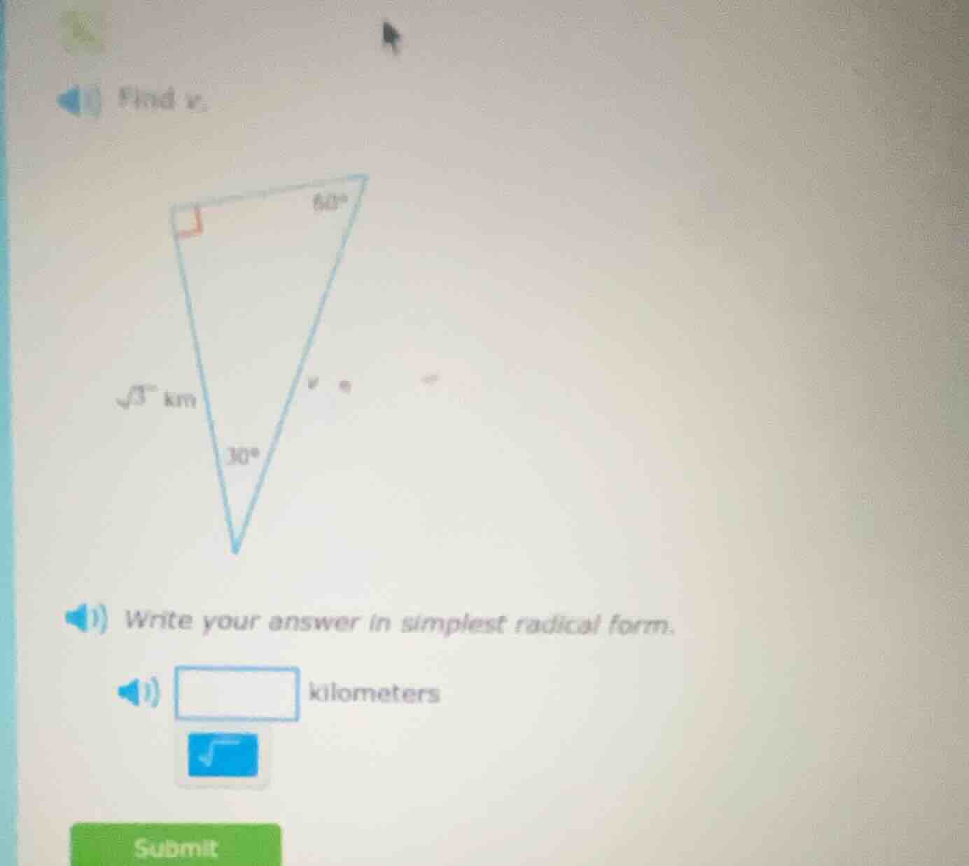 find x. (image of a right triangle with angles 60°, 30°, and right angl…