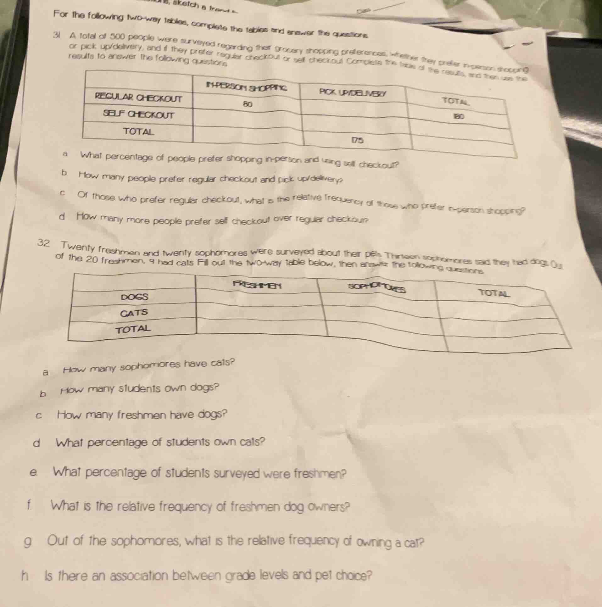for the following two - way tables, complete the tables and answer the …