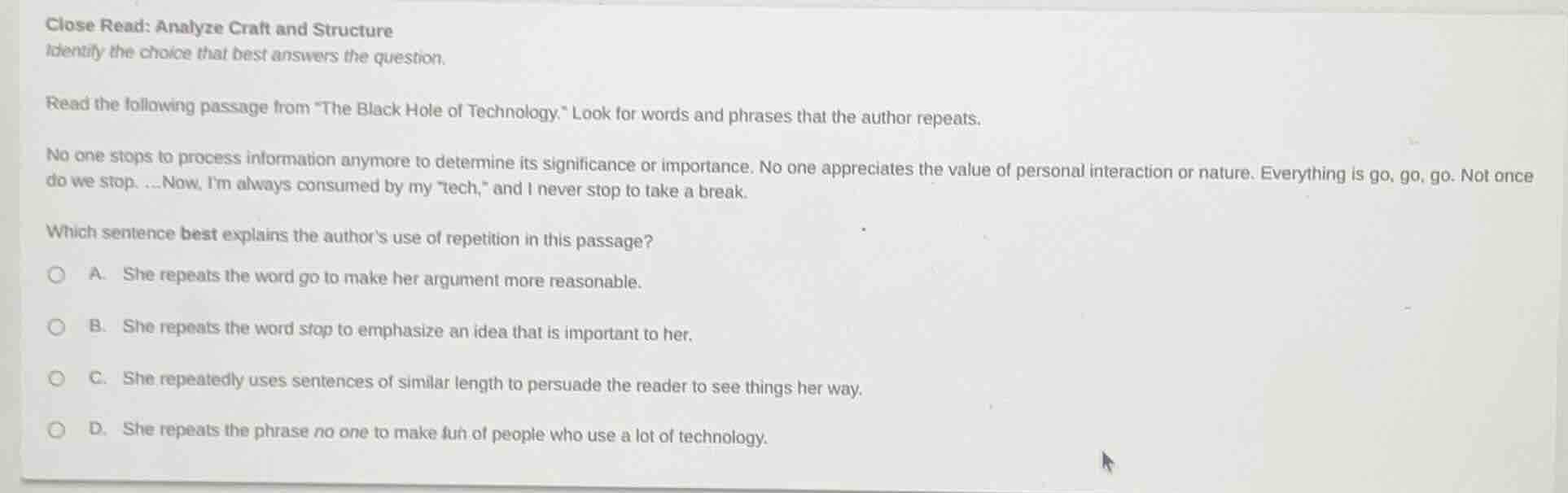 close read: analyze craft and structure identify the choice that best a…