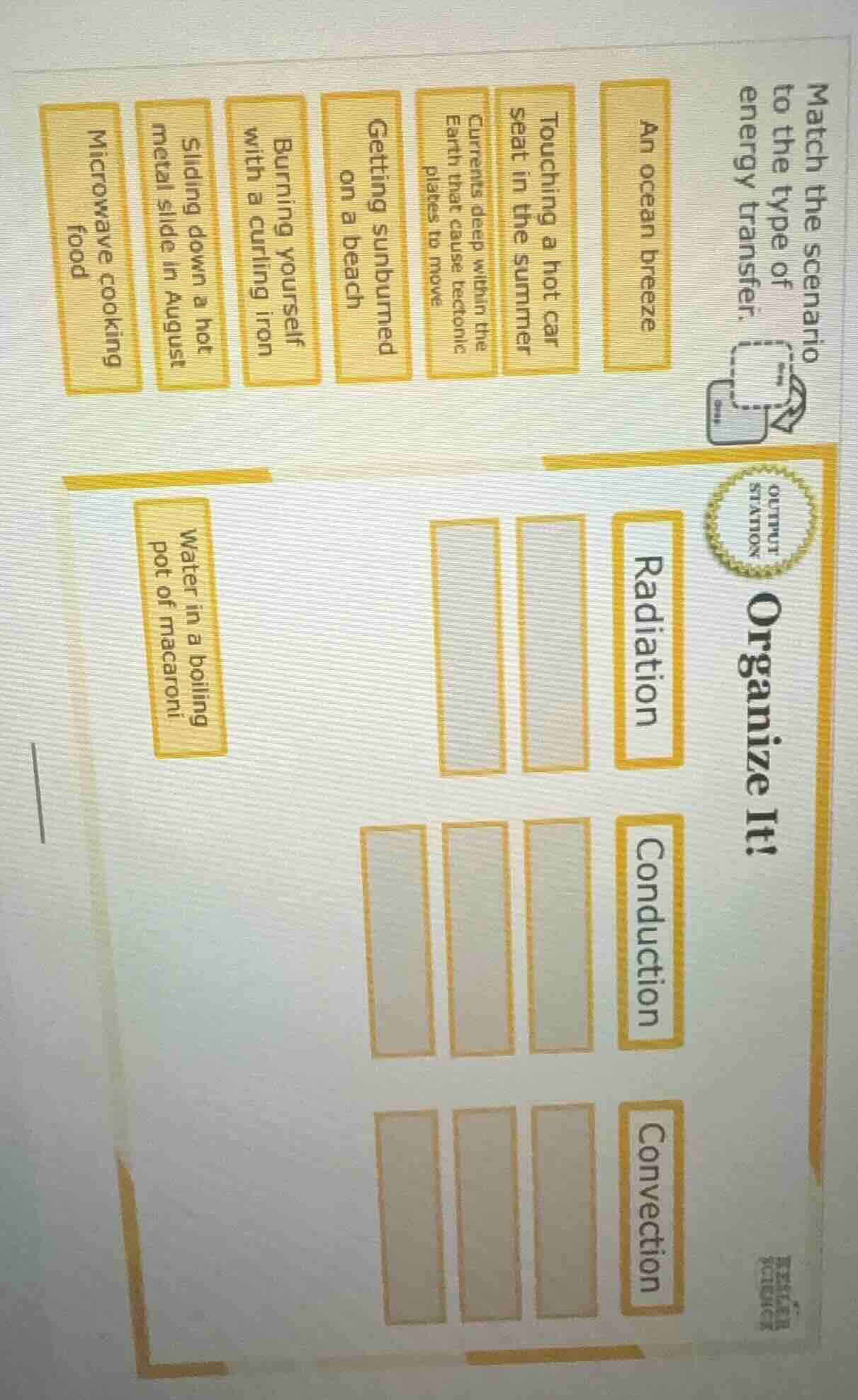 match the scenario to the type of energy transfer. an ocean breeze touc…