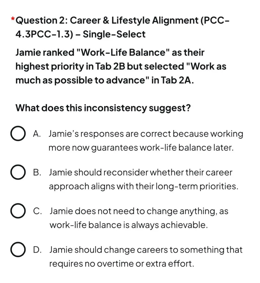 *question 2: career & lifestyle alignment (pcc-4.3pcc-1.3) – single-sel…