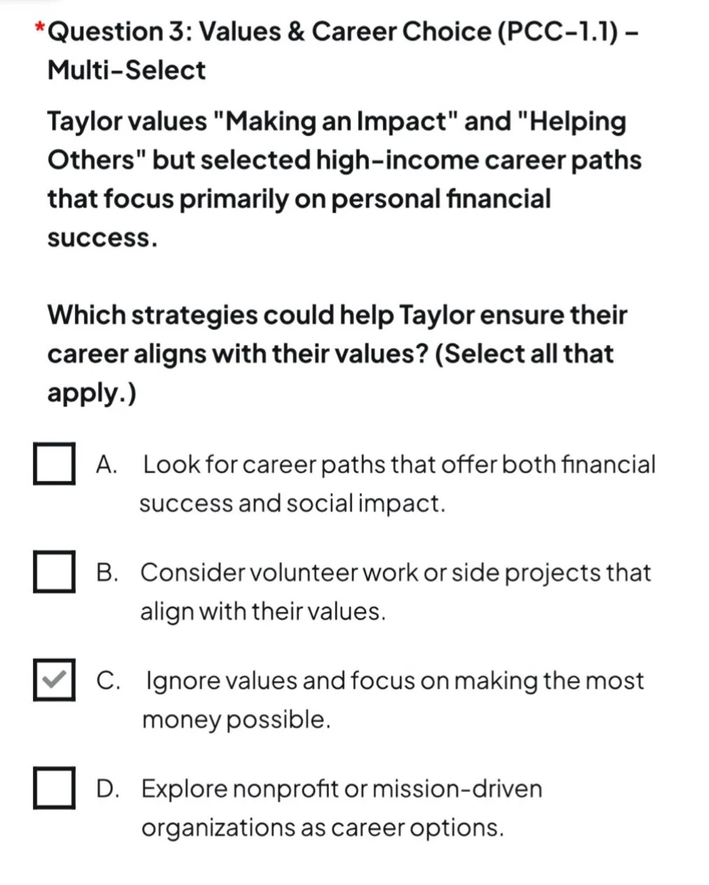 *question 3: values & career choice (pcc-1.1) – multi-select taylor val…
