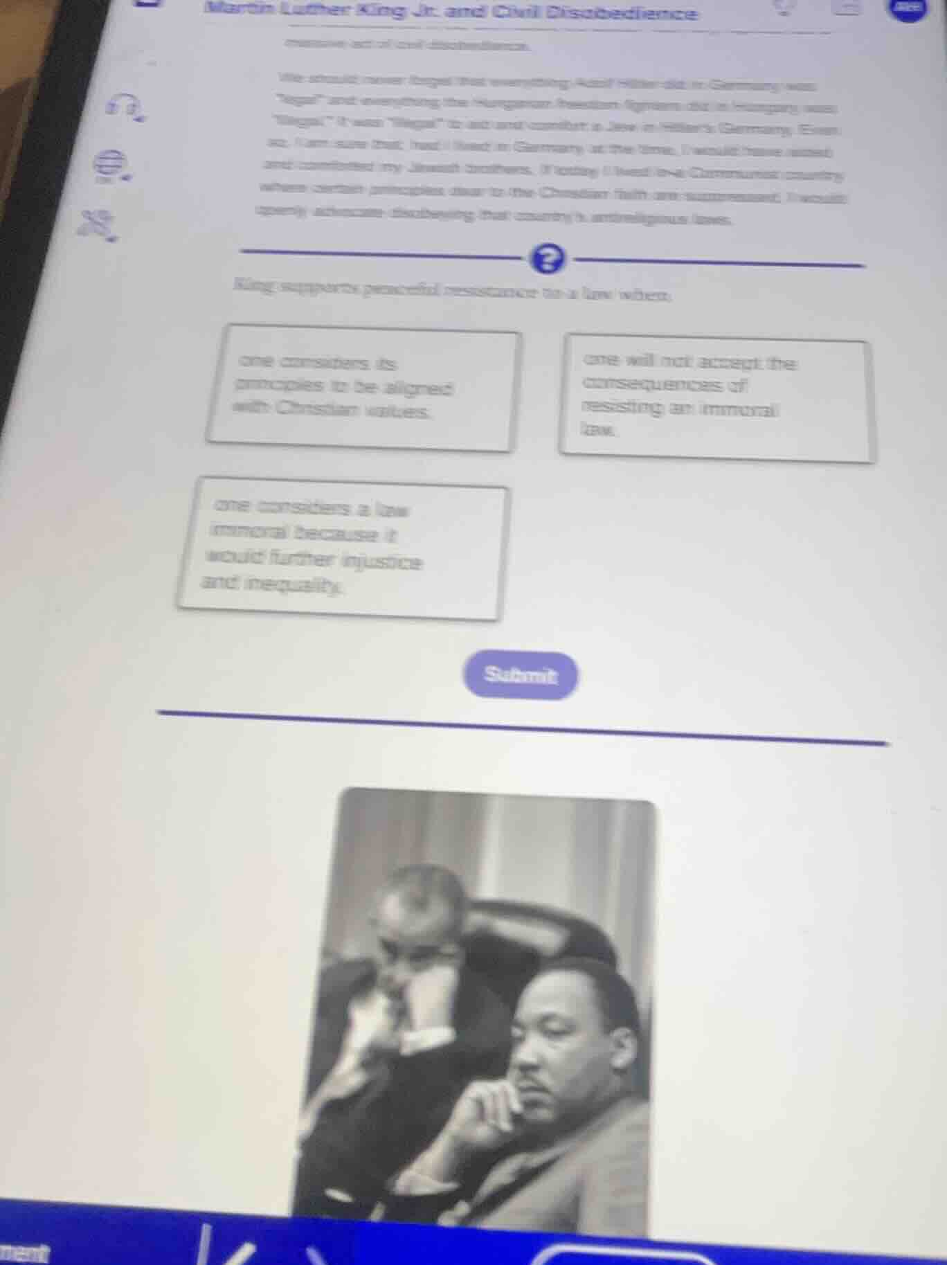 king supports peaceful resistance to a law when: one considers its prin…