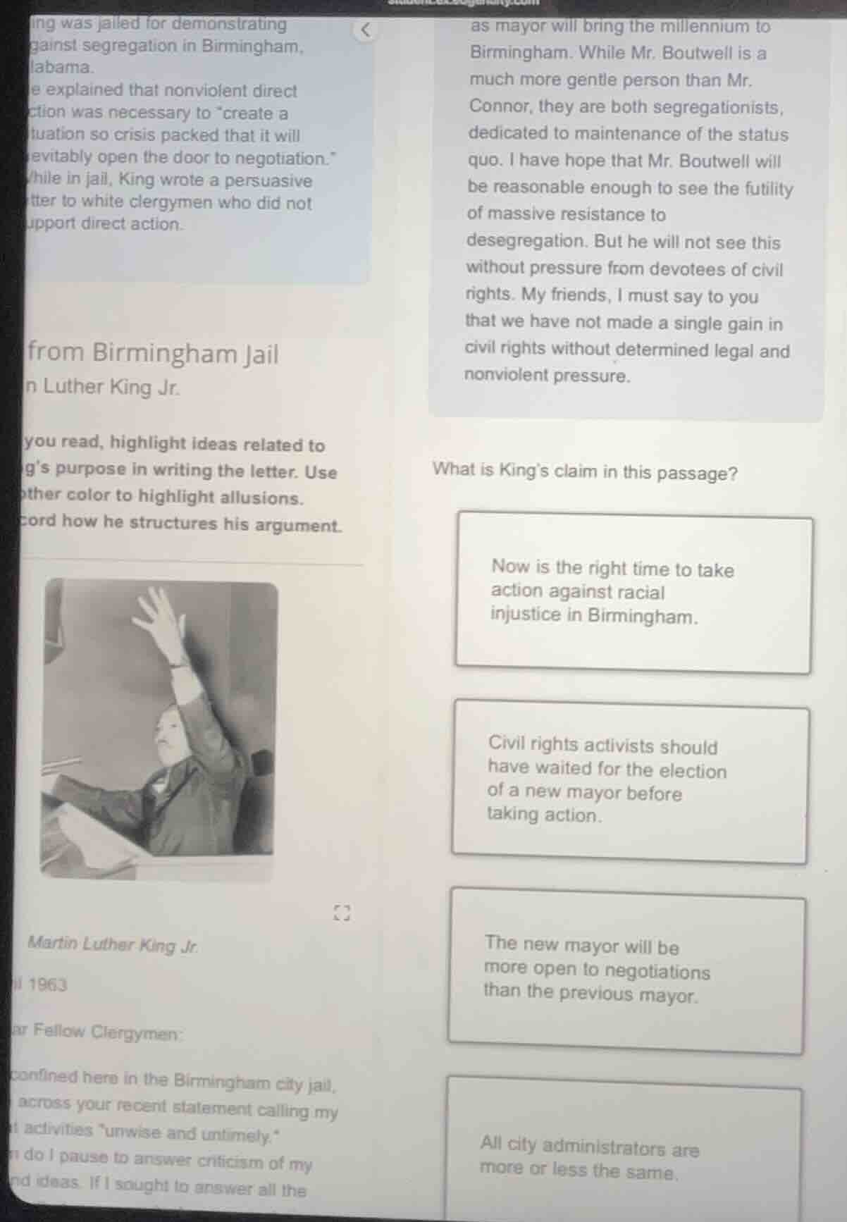 from birmingham jail n luther king jr. you read, highlight ideas relate…