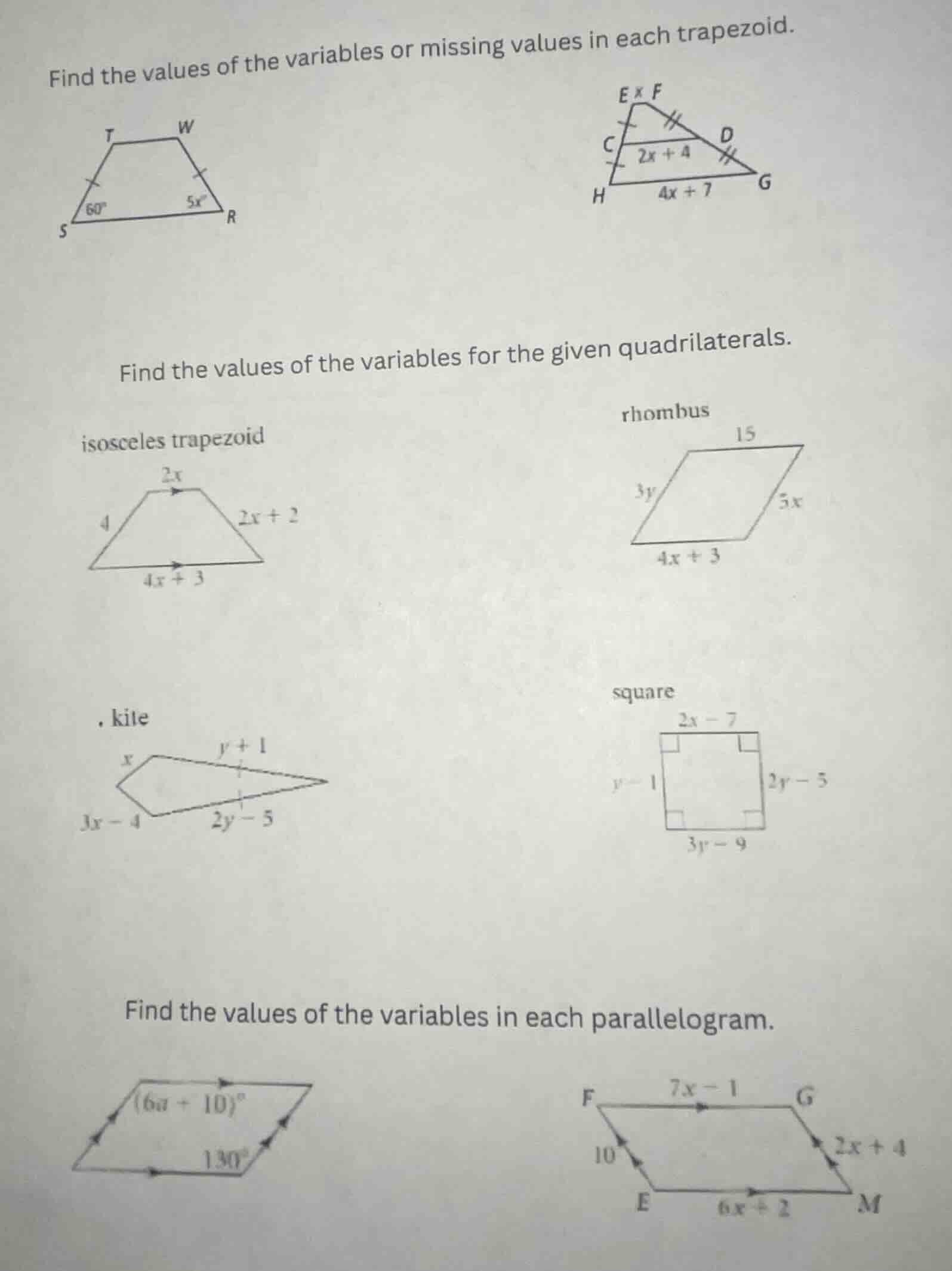 find the values of the variables or missing values in each trapezoid. f…