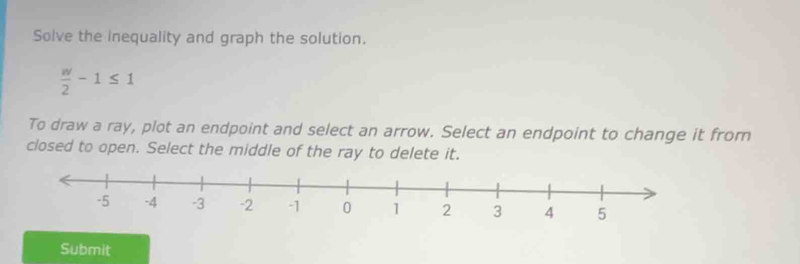 solve the inequality and graph the solution. \\(\frac{w}{2} - 1 leq 1\\…