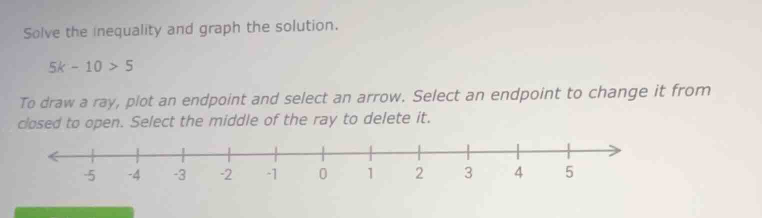 solve the inequality and graph the solution. 5k - 10 > 5 to draw a ray,…