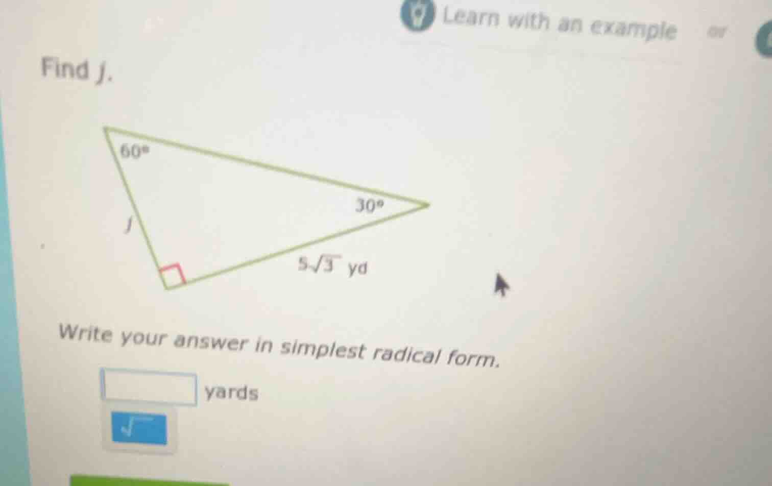find j. write your answer in simplest radical form. yards