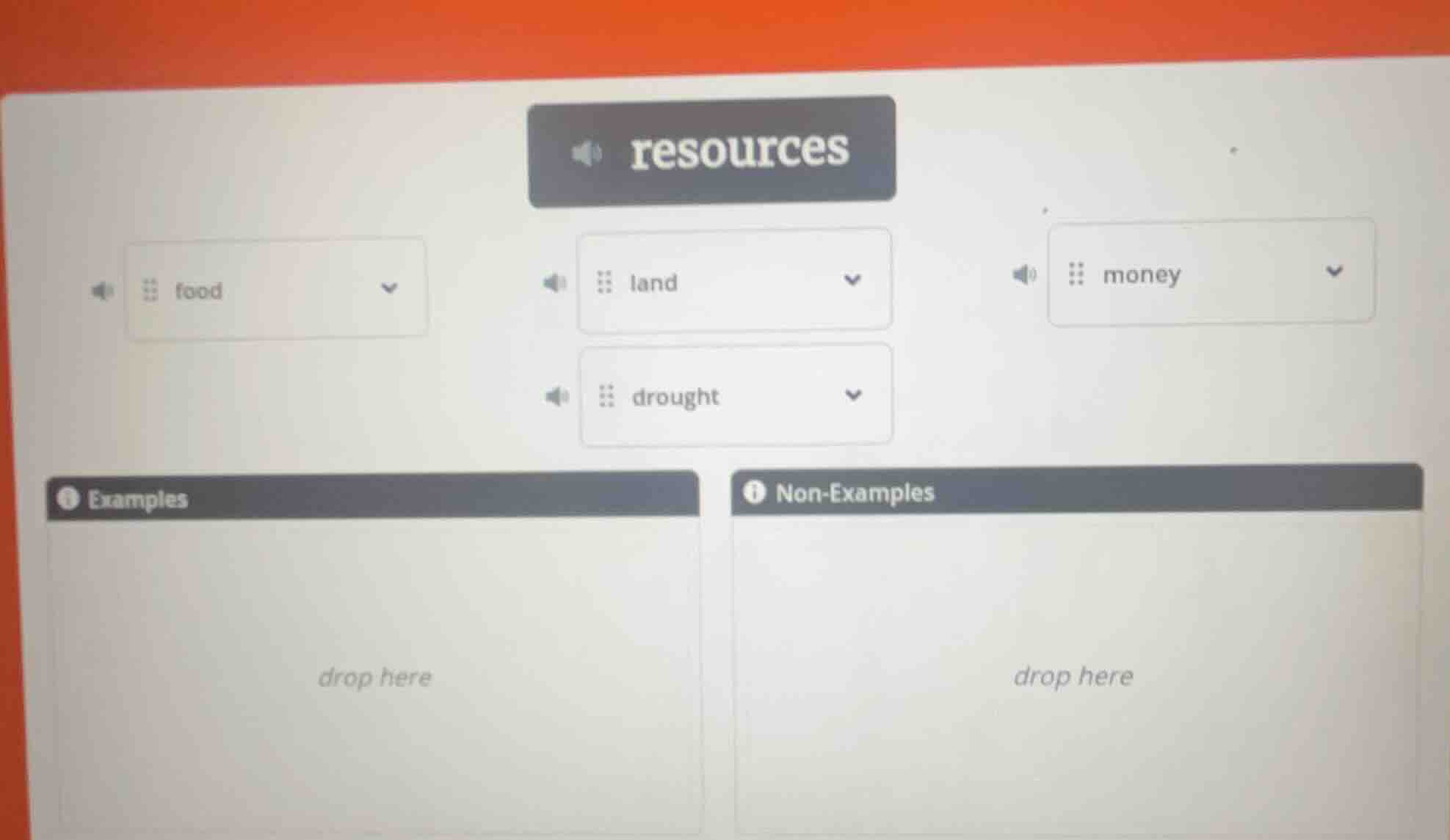 resources food land money drought examples drop here non - examples dro…