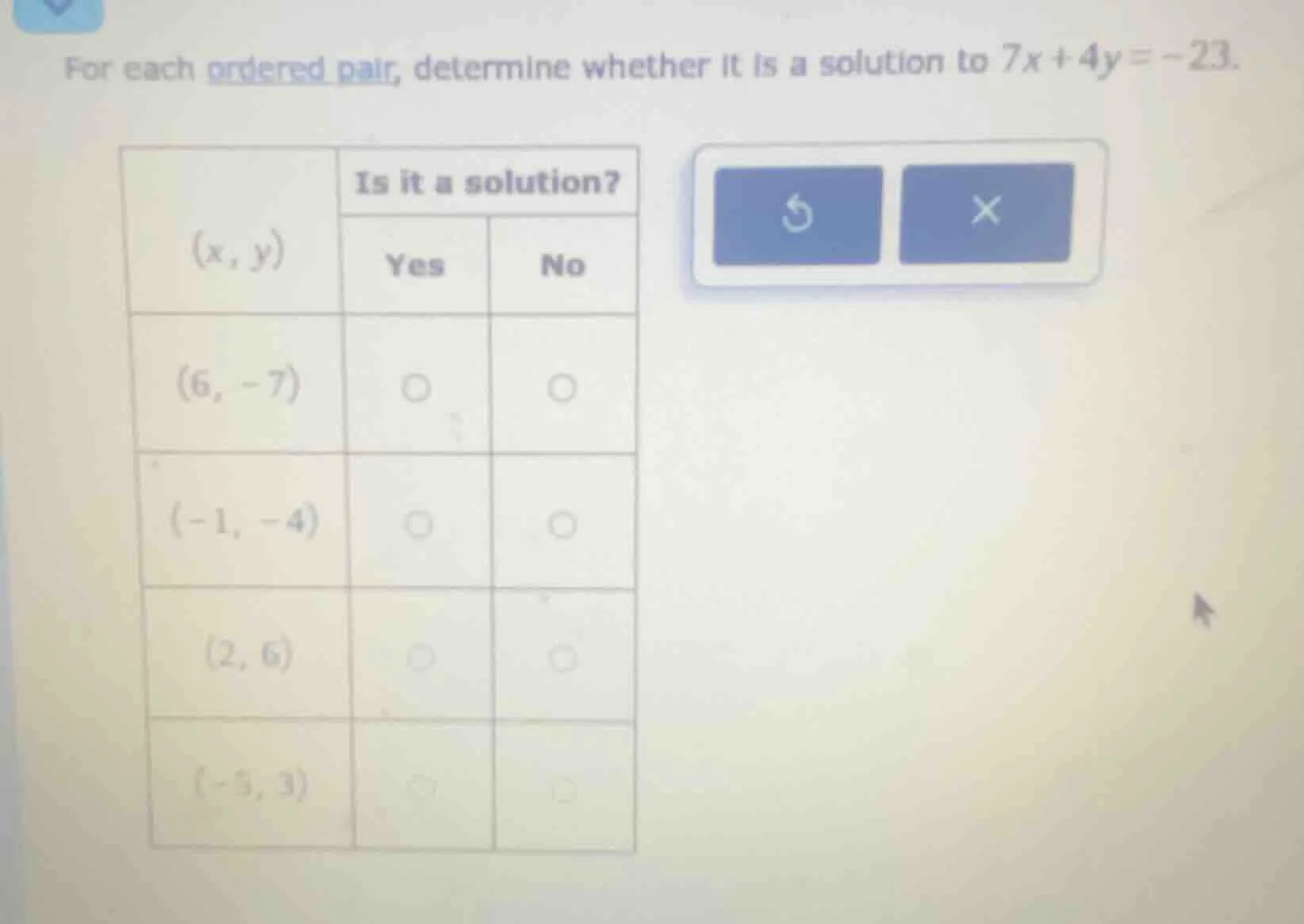 for each ordered pair, determine whether it is a solution to $7x + 4y =…