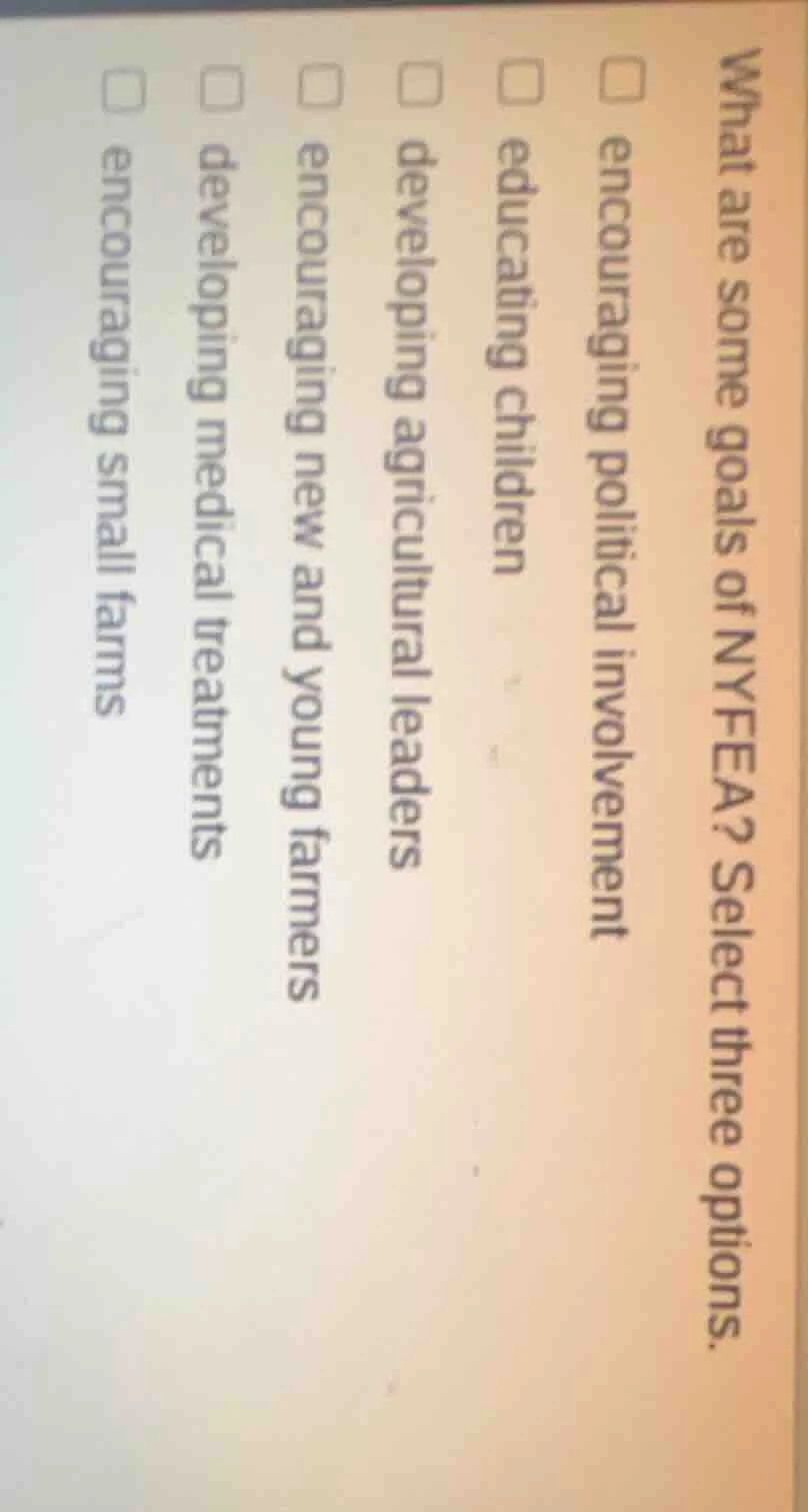 what are some goals of nyfea? select three options. □ encouraging polit…