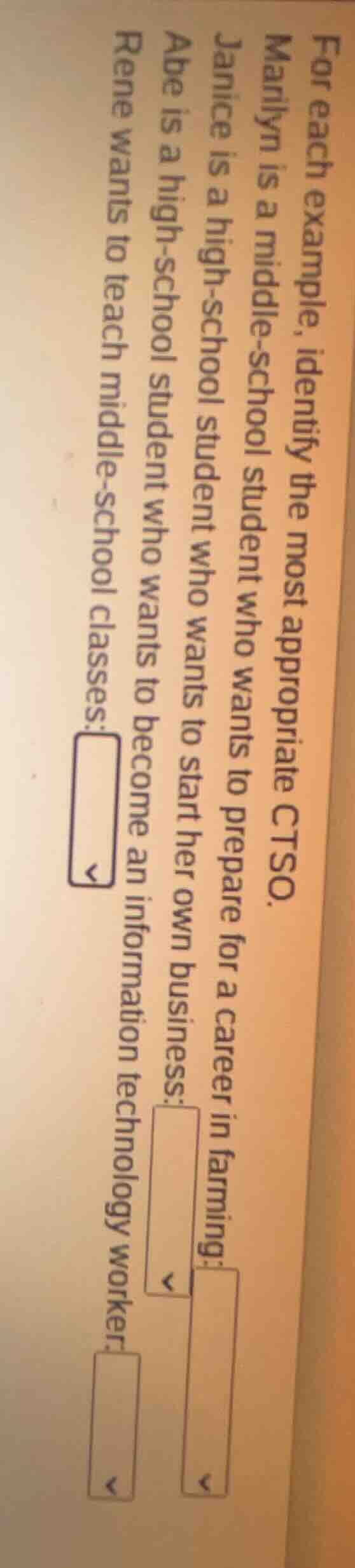 for each example, identify the most appropriate ctso. marilyn is a midd…