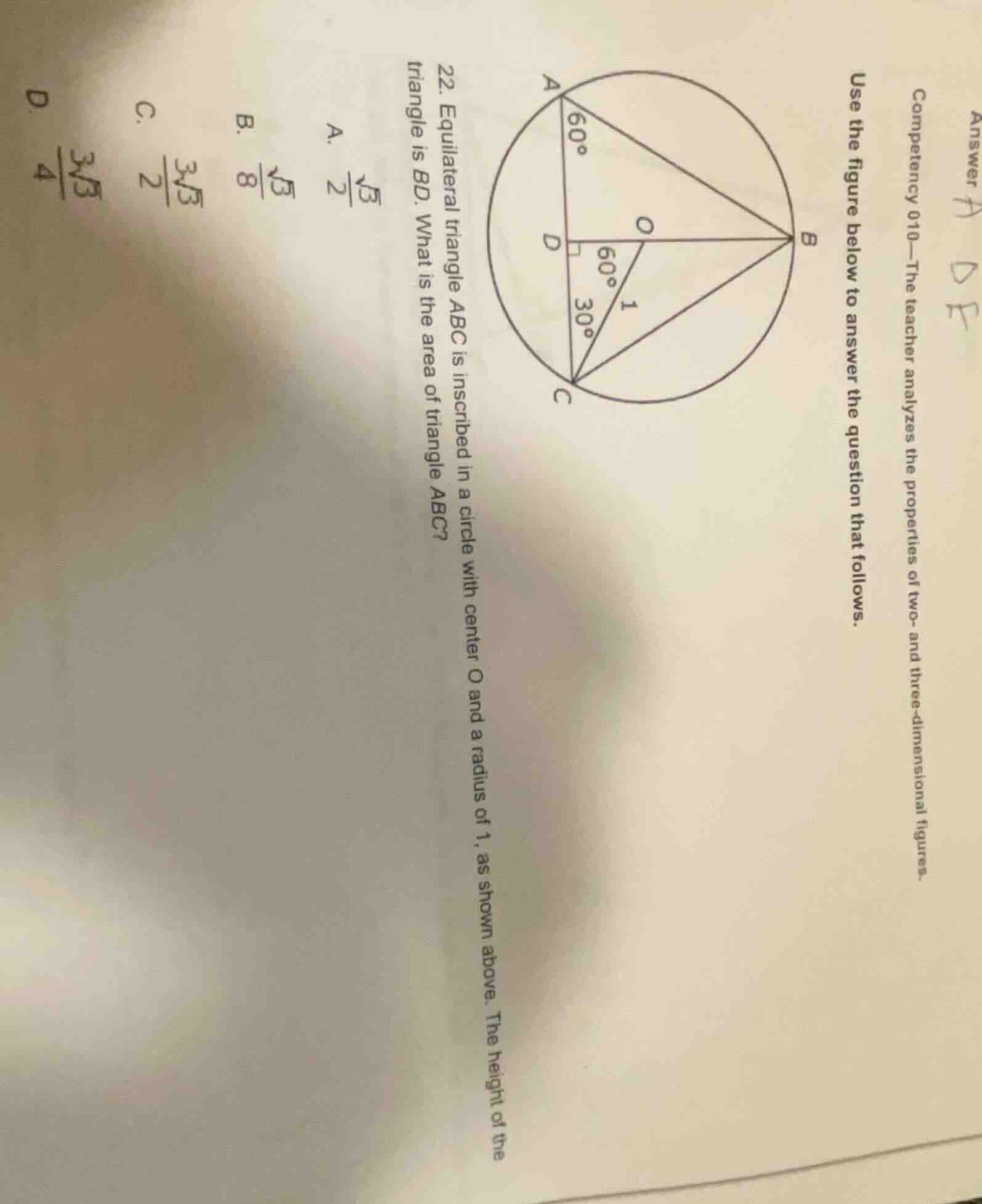 22. equilateral triangle abc is inscribed in a circle with center o and…