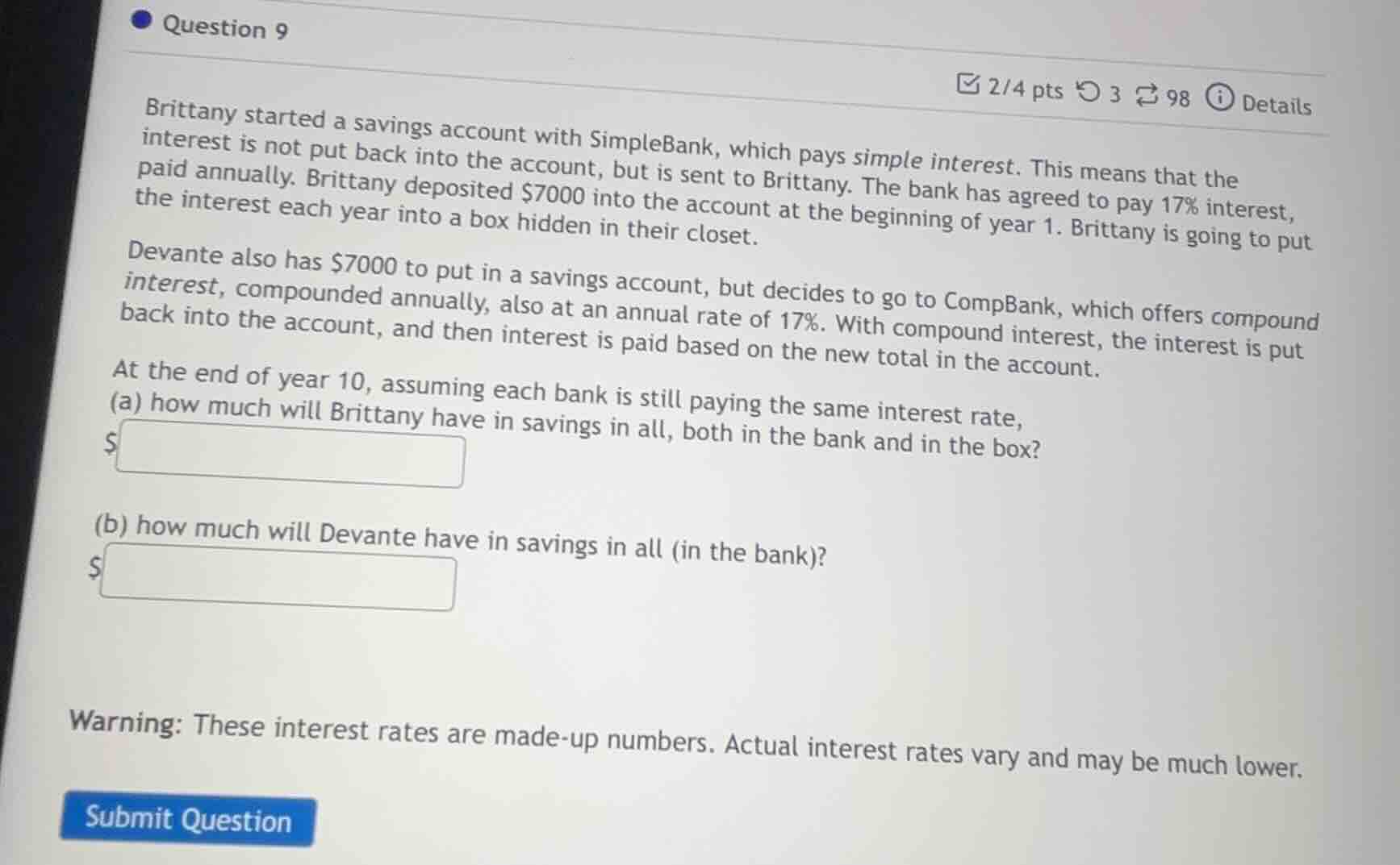 question 9 brittany started a savings account with simplebank, which pa…