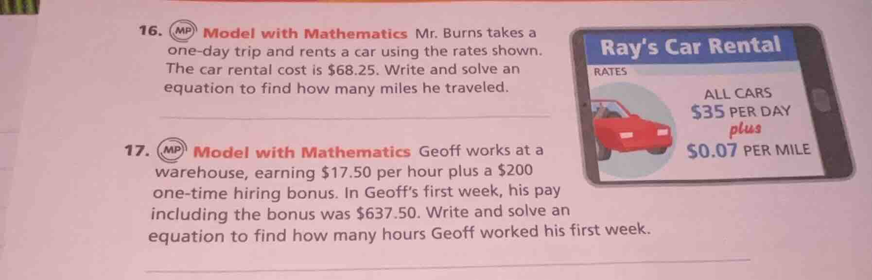 16. model with mathematics mr. burns takes a one - day trip and rents a…