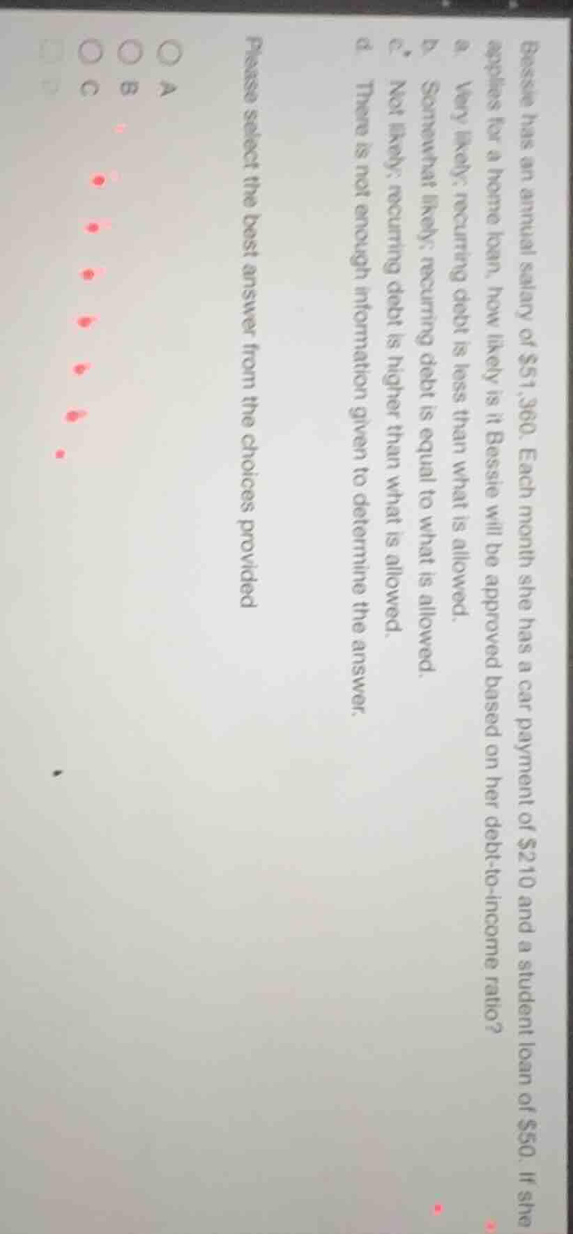 bessie has an annual salary of $51,360. each month she has a car paymen…