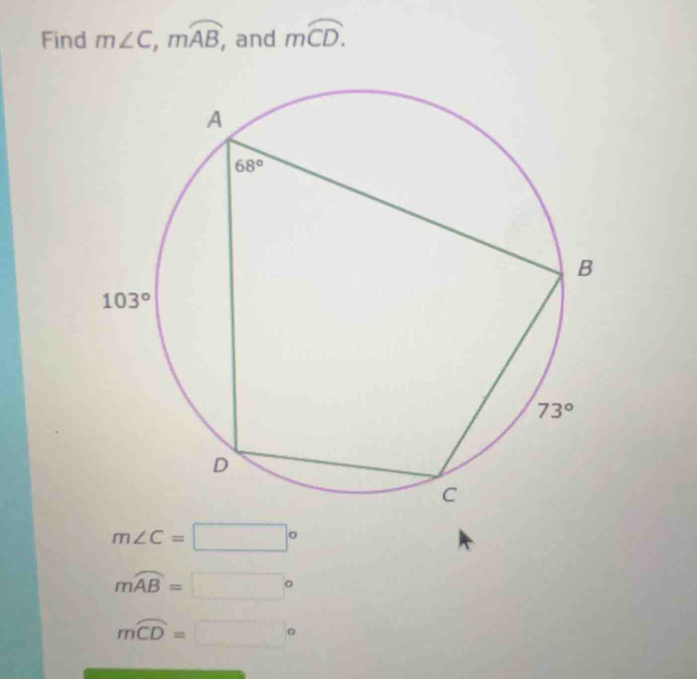 find ( mangle c ), ( moverarc{ab} ), and ( moverarc{cd} ).