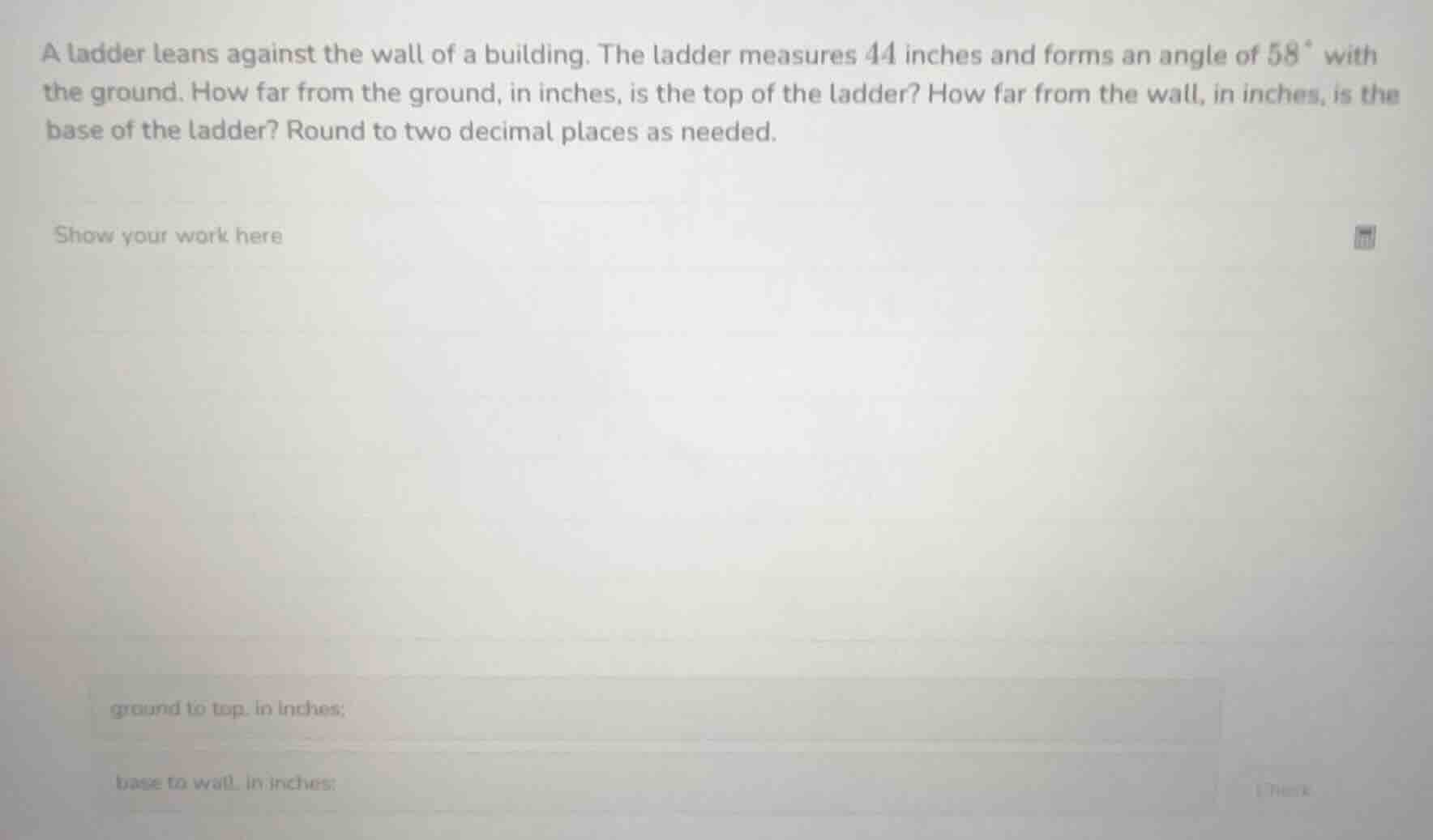 a ladder leans against the wall of a building. the ladder measures 44 i…