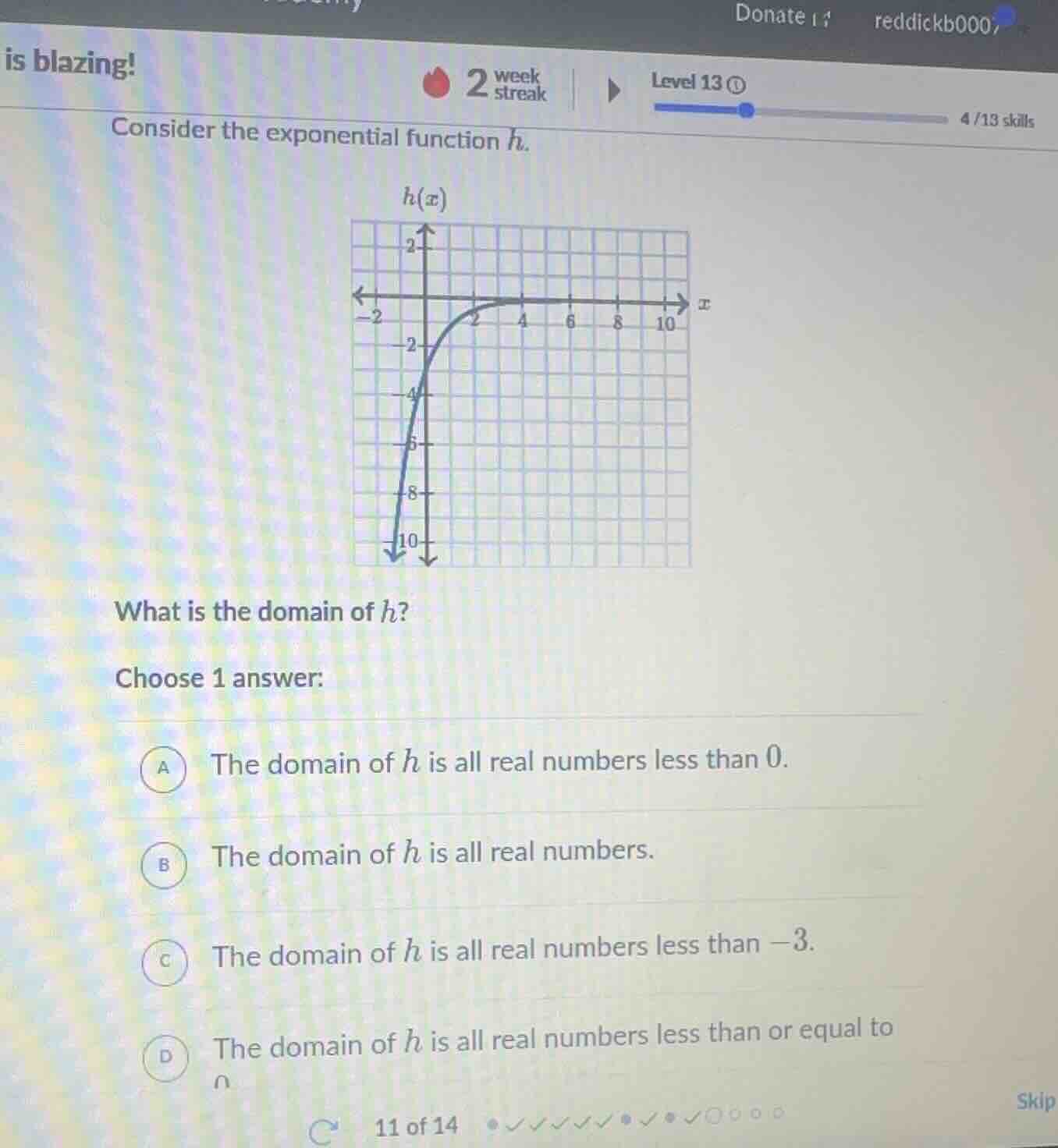consider the exponential function h. what is the domain of h? choose 1 …