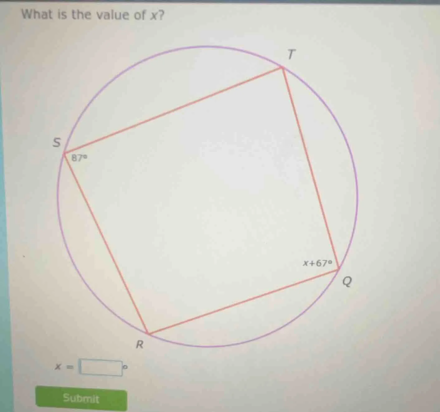 what is the value of x?\ \ \ \ x = \\square^\\circ\ \ submit