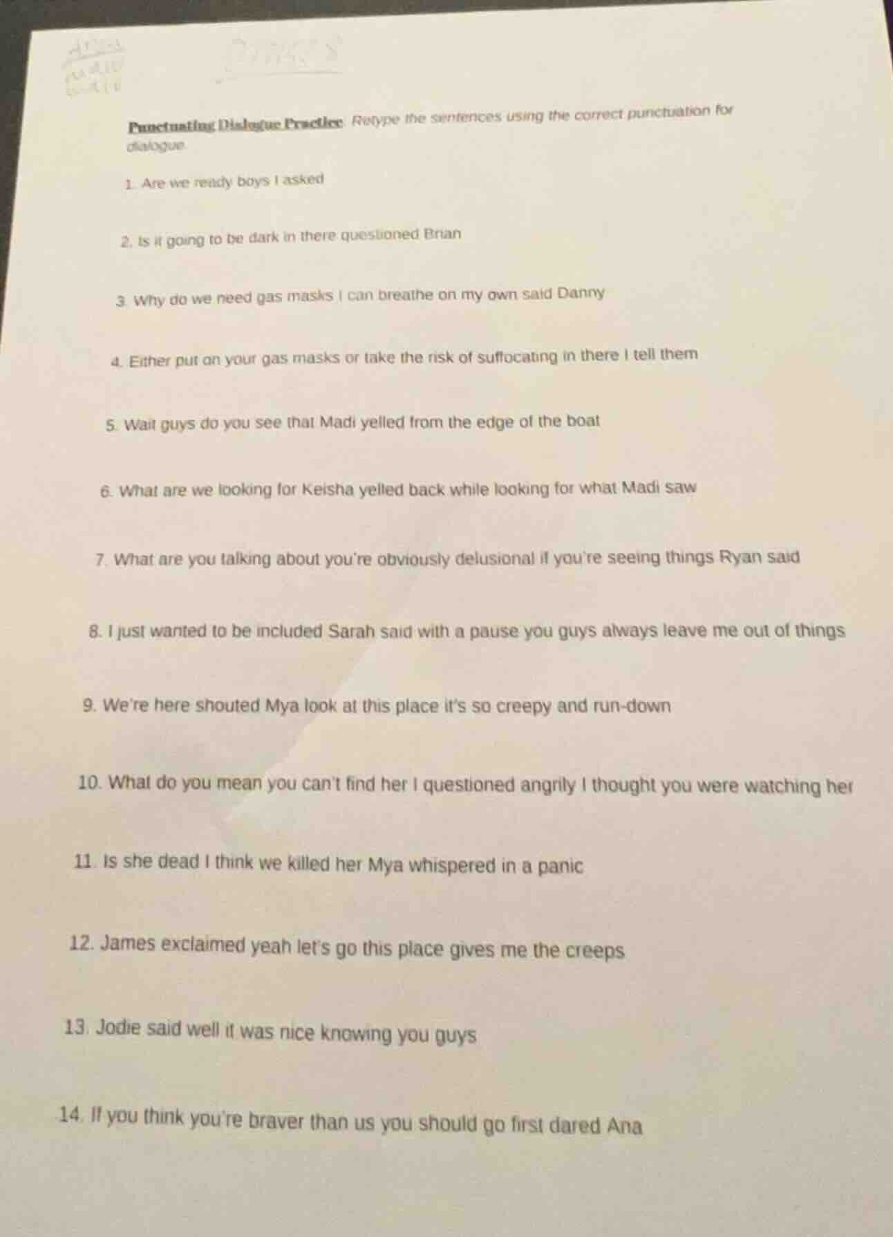 punctuating dialogue practice: retype the sentences using the correct p…