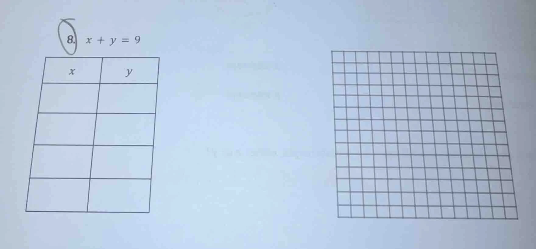 8. $x + y = 9$ | $x$ | $y$ | | --- | --- | | | | | | | | | | | | |