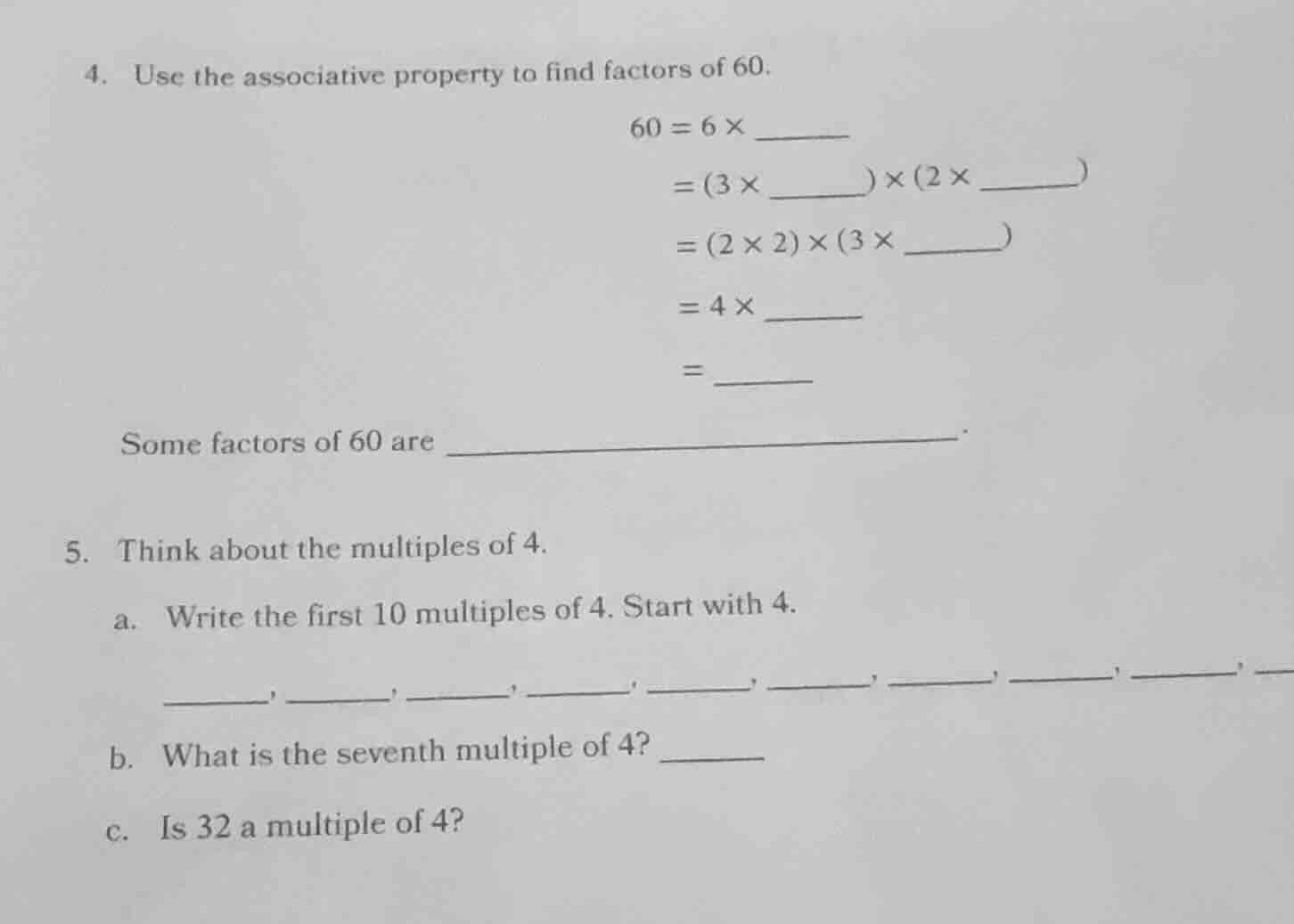 4. use the associative property to find factors of 60. $60 = 6 × \\unde…