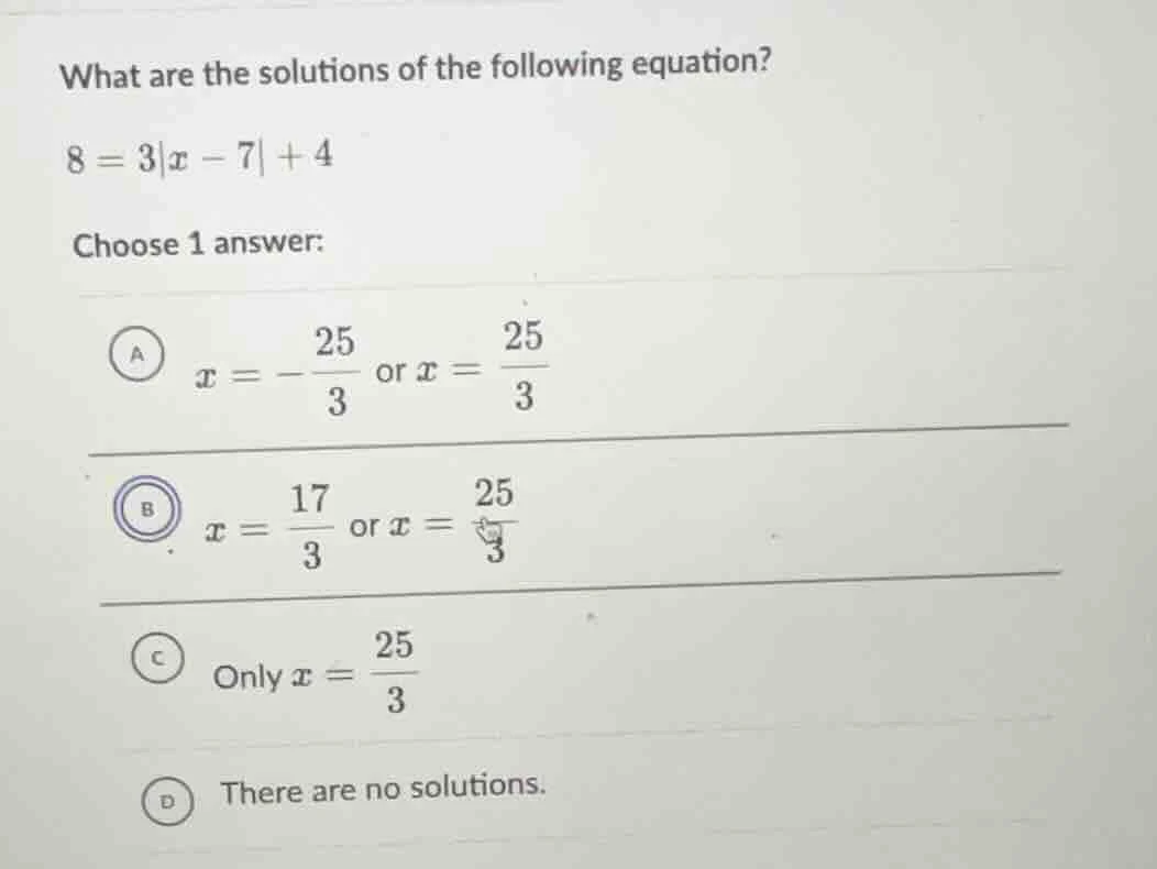 what are the solutions of the following equation? $8 = 3|x - 7| + 4$ ch…