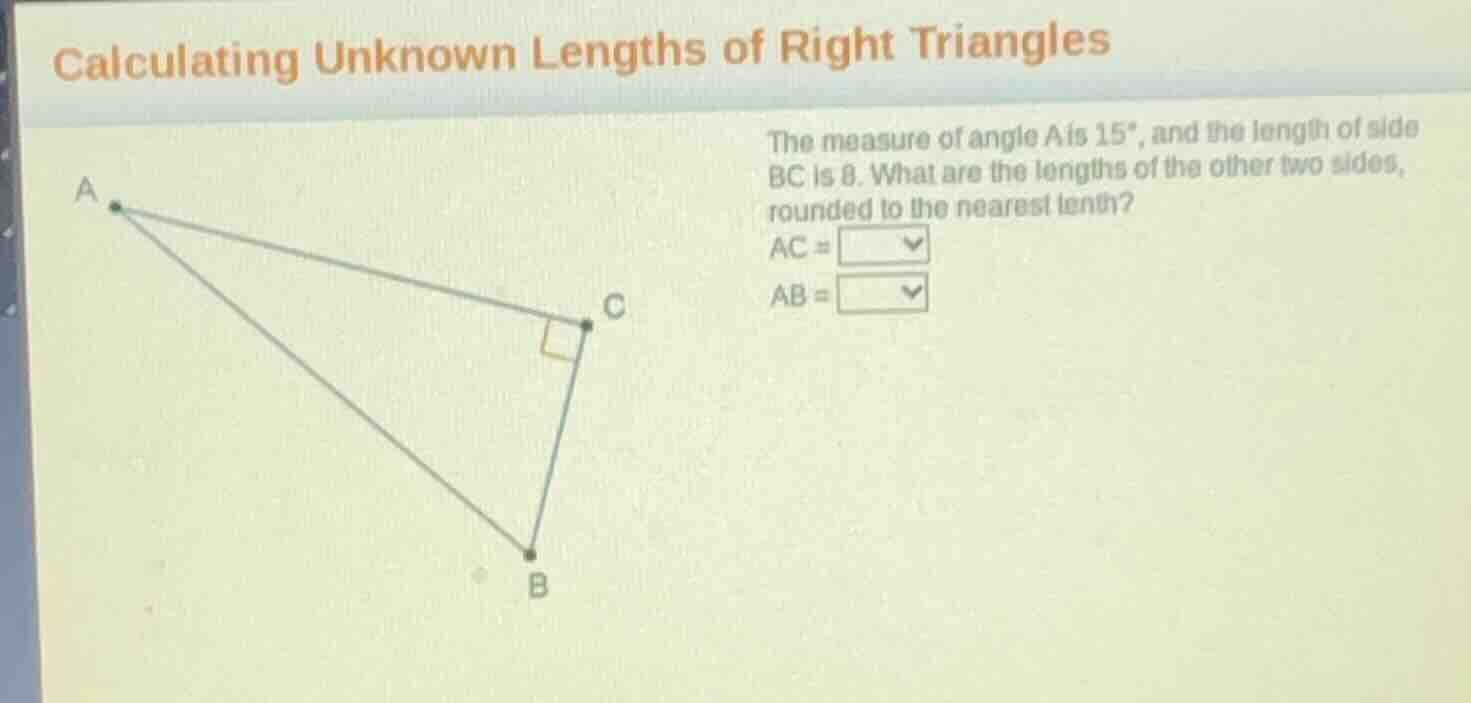 calculating unknown lengths of right triangles the measure of angle a i…