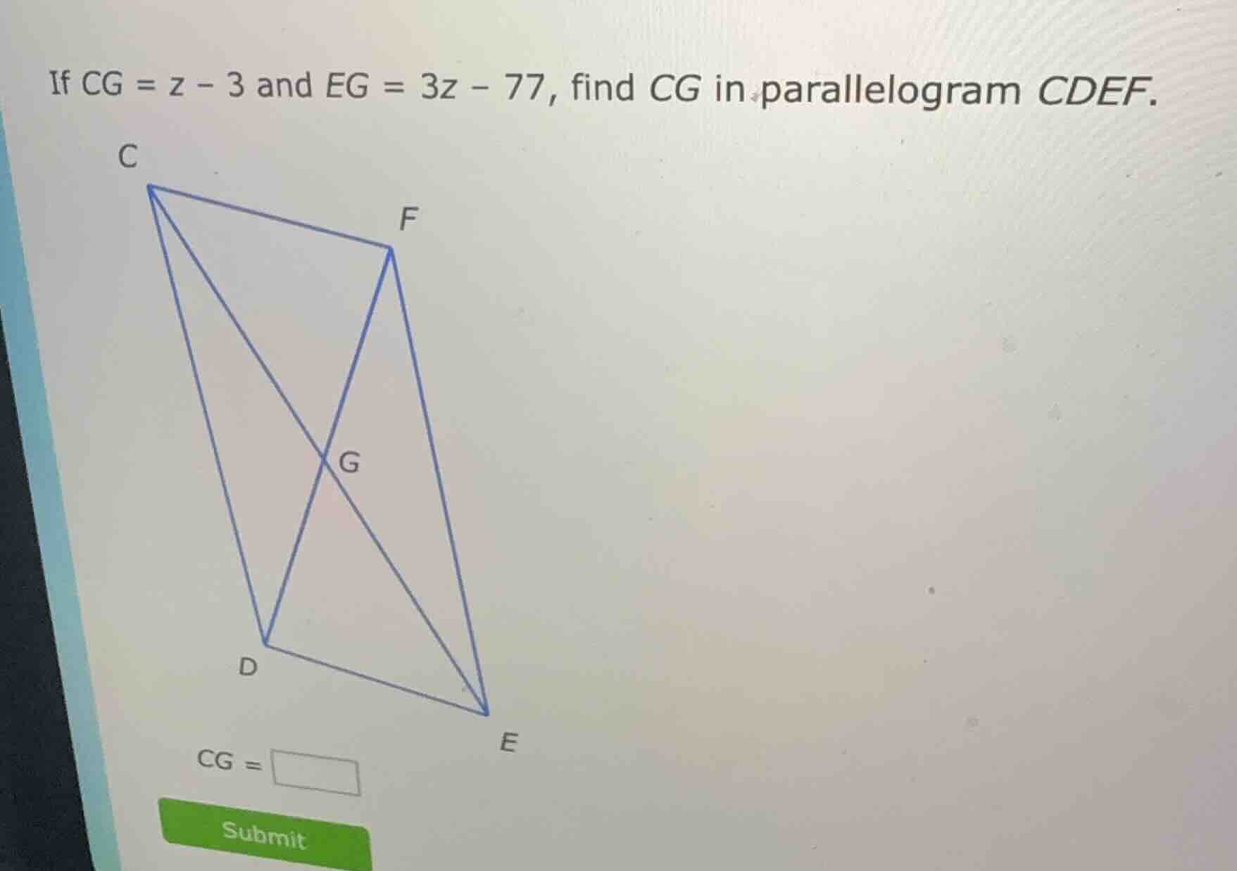 if cg = z - 3 and eg = 3z - 77, find cg in parallelogram cdef.