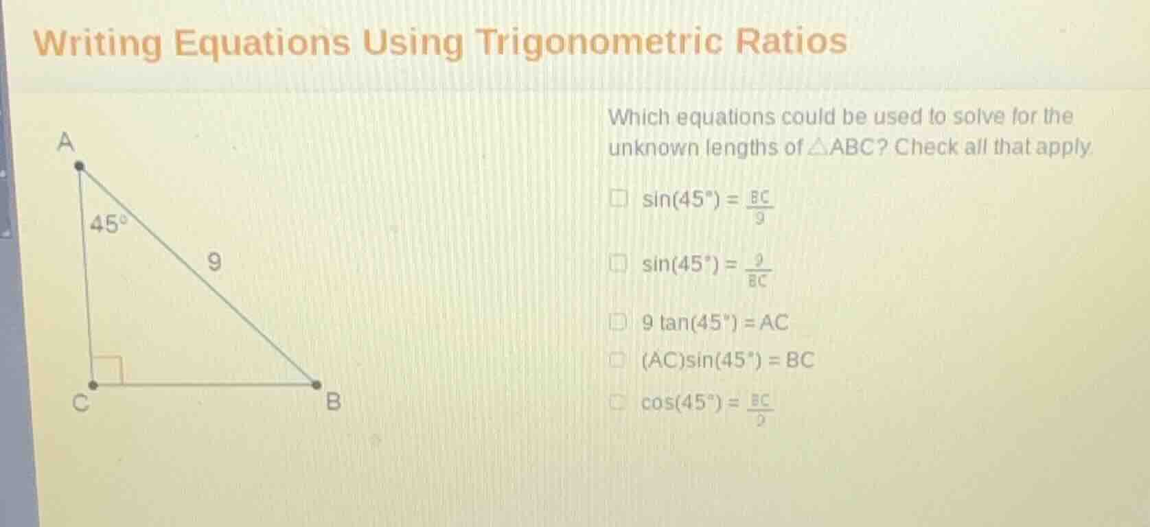 writing equations using trigonometric ratios which equations could be u…
