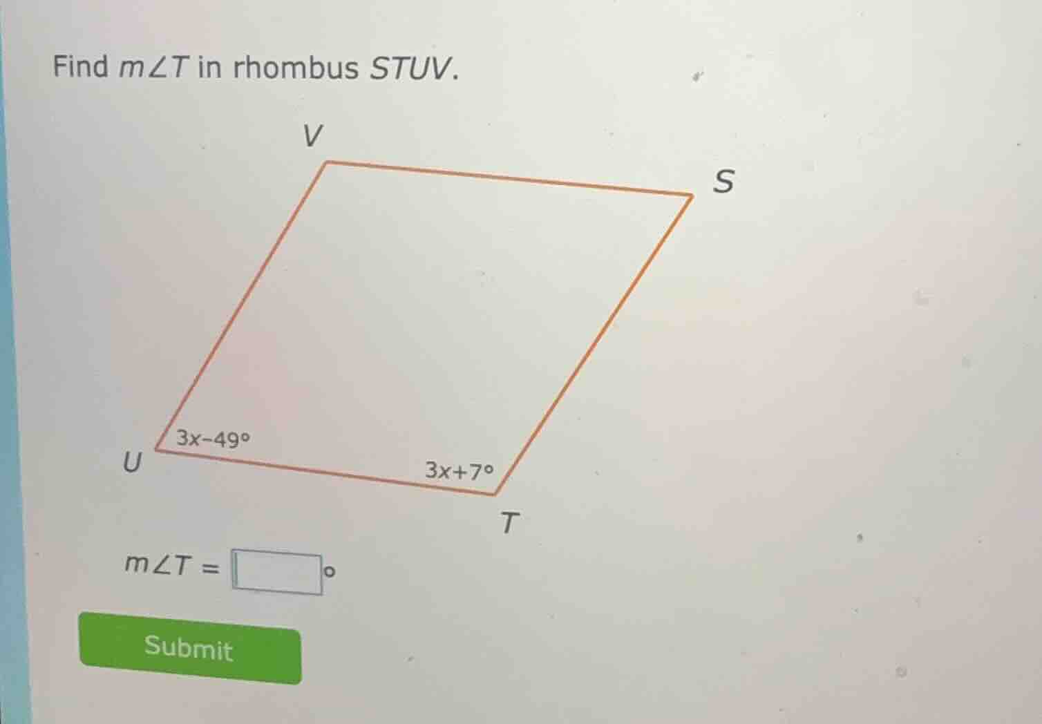 find ( mangle t ) in rhombus ( stuv ).( mangle t = square^circ )submit