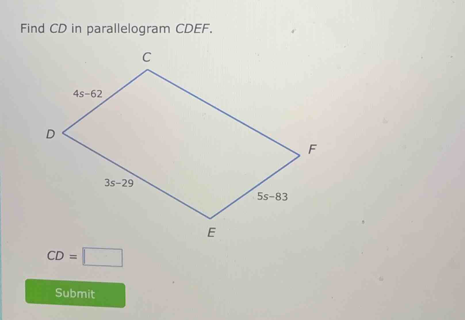 find cd in parallelogram cdef. cd = submit