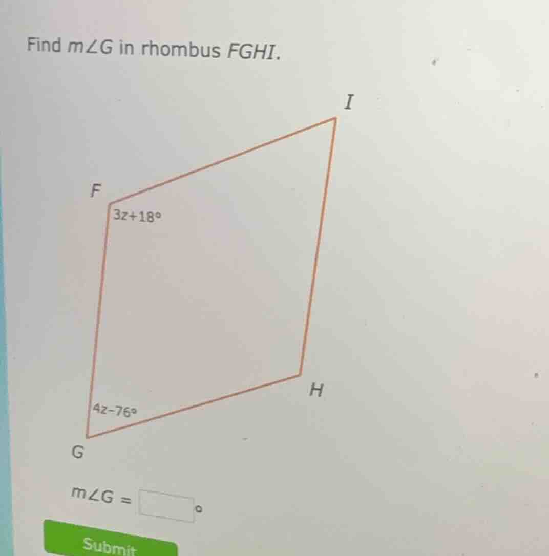 find ( mangle g ) in rhombus ( fghi ). ( mangle g = square^circ )