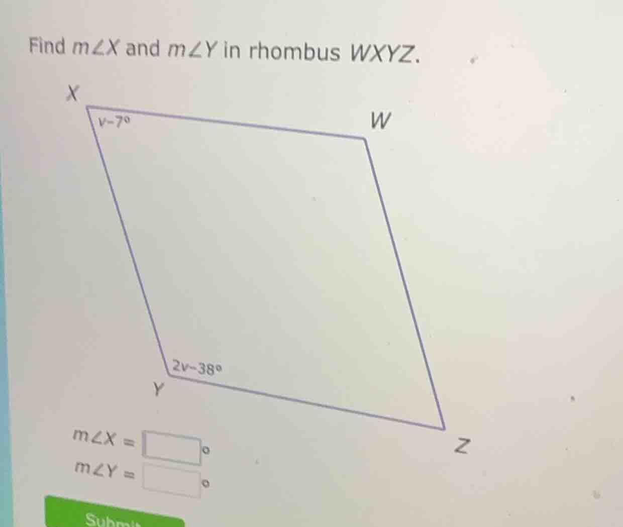 find ( mangle x ) and ( mangle y ) in rhombus ( wxyz ). ( mangle x = sq…