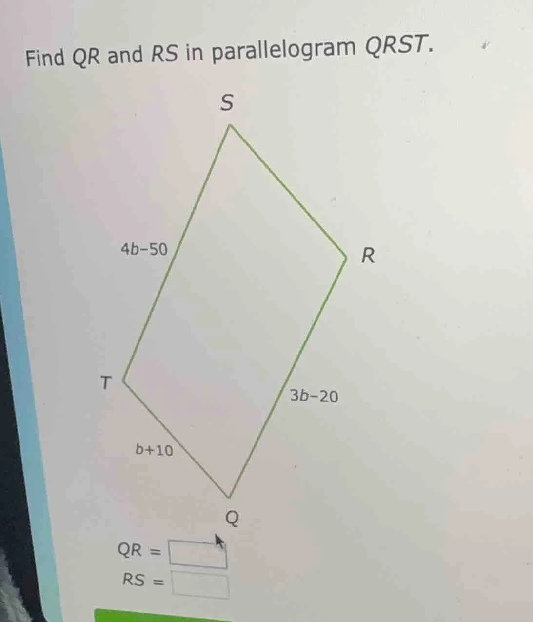 find qr and rs in parallelogram qrst. qr = rs =