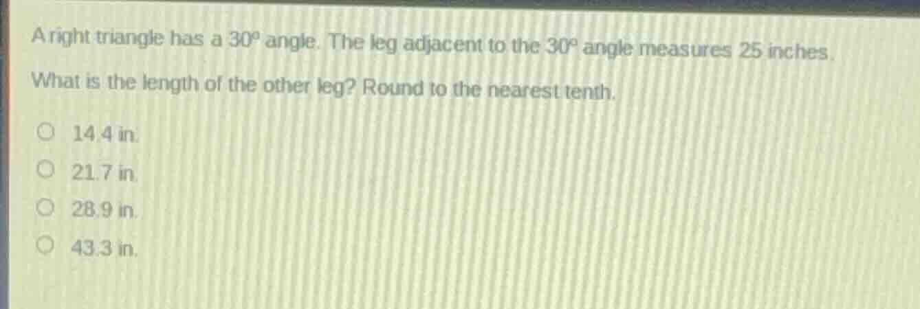 a right triangle has a ( 30^circ ) angle. the leg adjacent to the ( 30^…