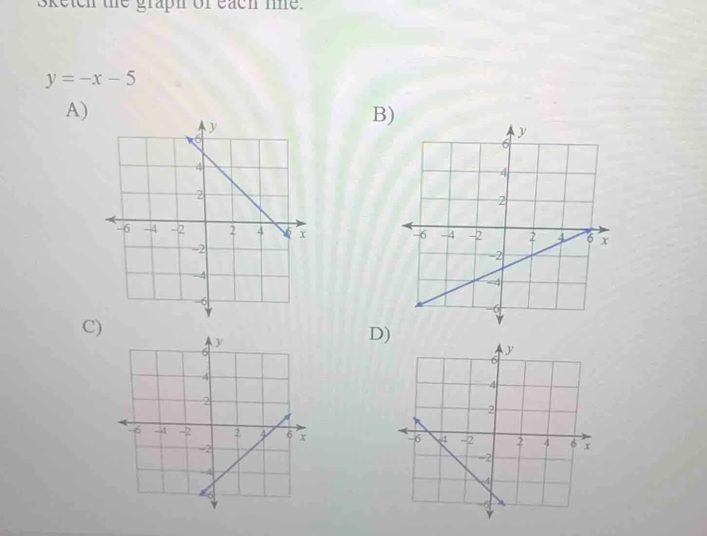 sketch the graph of each line. $y = -x - 5$ a) graph b) graph c) graph …