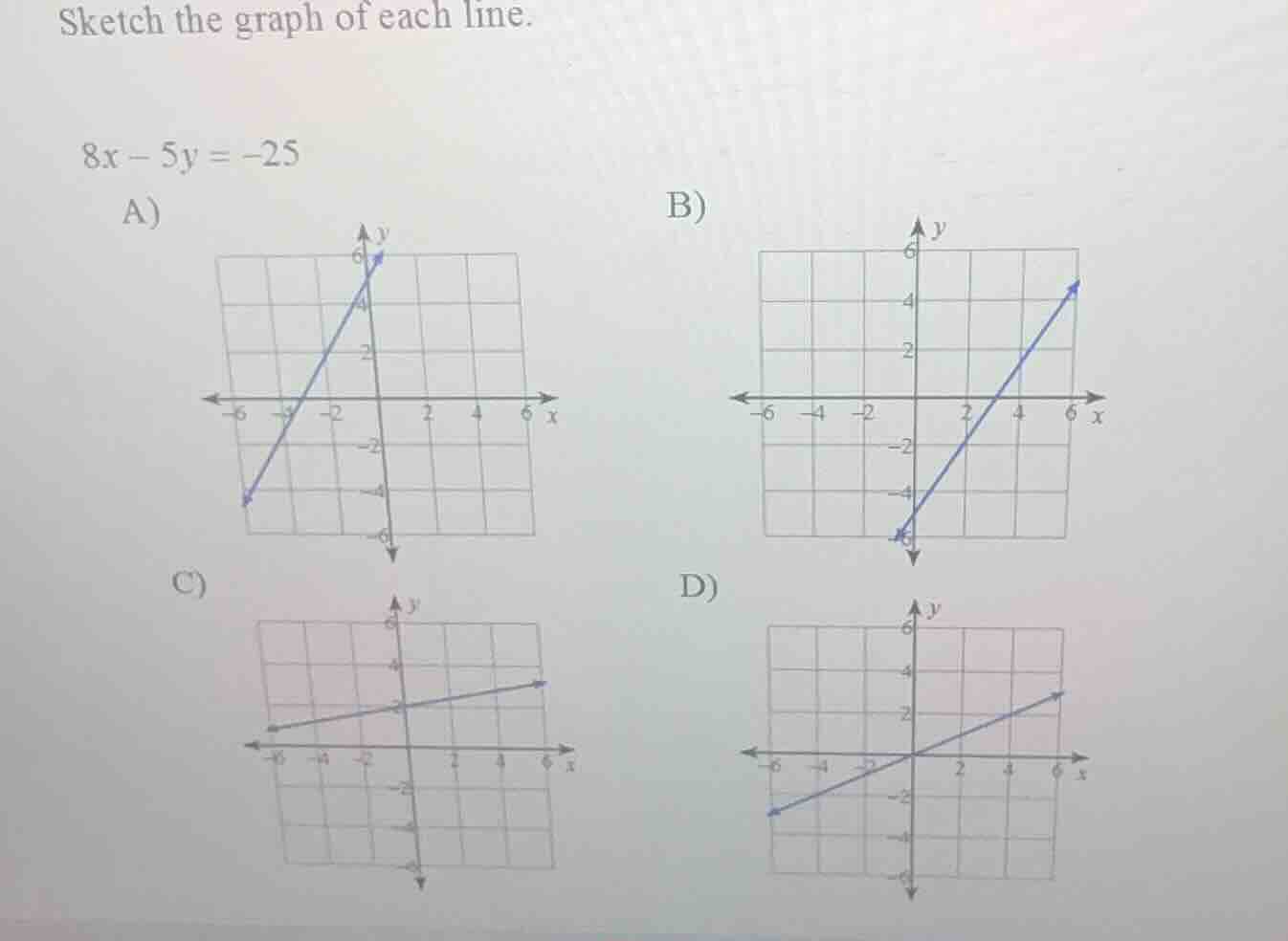 sketch the graph of each line. $8x - 5y = -25$ a) image of a graph b) i…