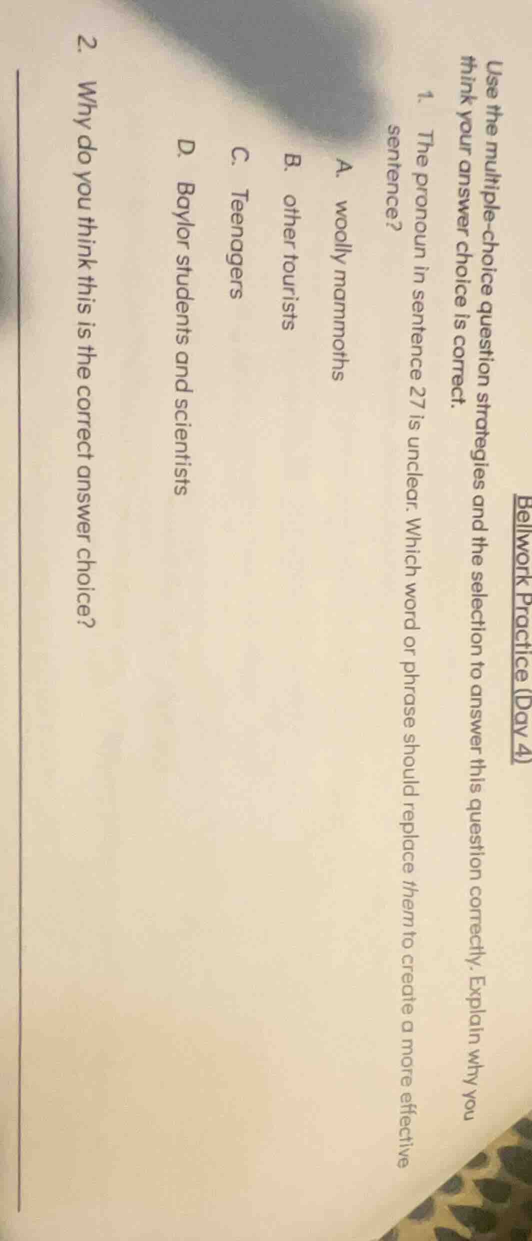 bellwork practice (day 4) use the multiple - choice question strategies…