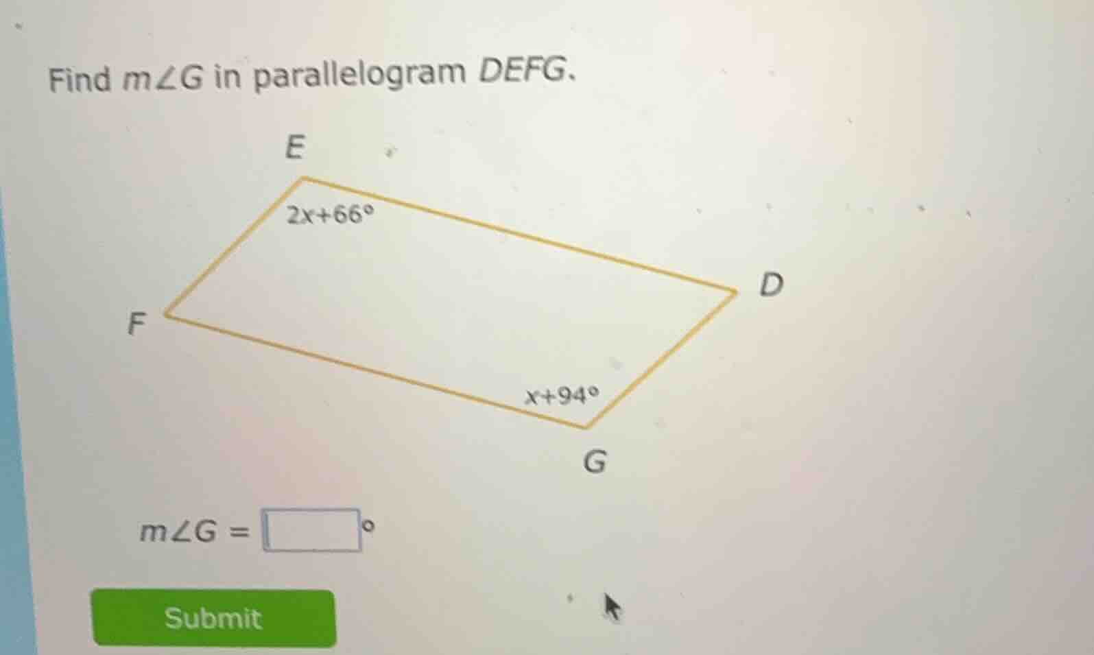 find ( mangle g ) in parallelogram ( defg ). ( mangle g = square^circ )