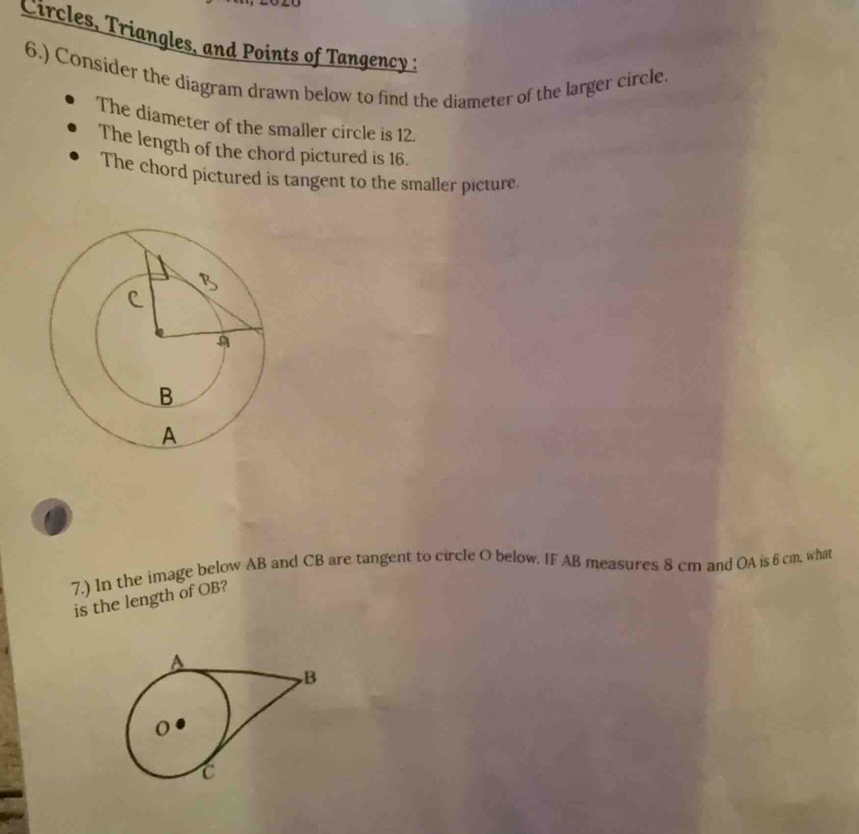 circles, triangles, and points of tangency : 6.) consider the diagram d…