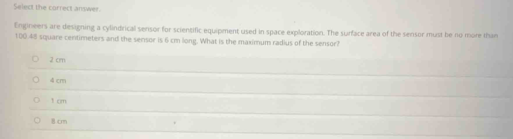 select the correct answer. engineers are designing a cylindrical sensor…