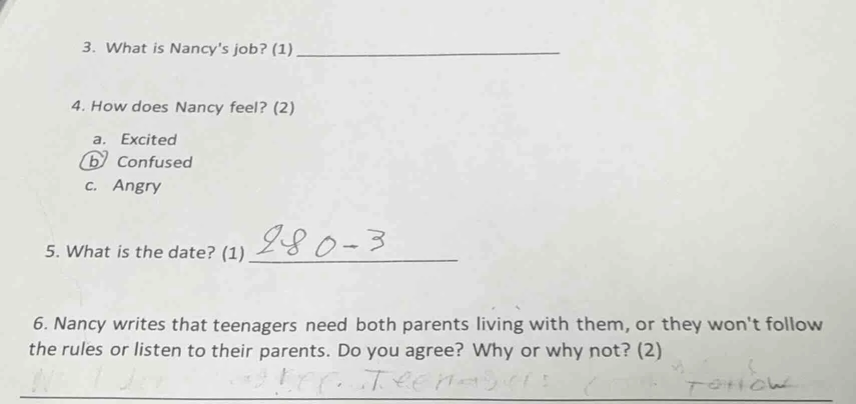 3. what is nancys job? (1) ______________ 4. how does nancy feel? (2) a…