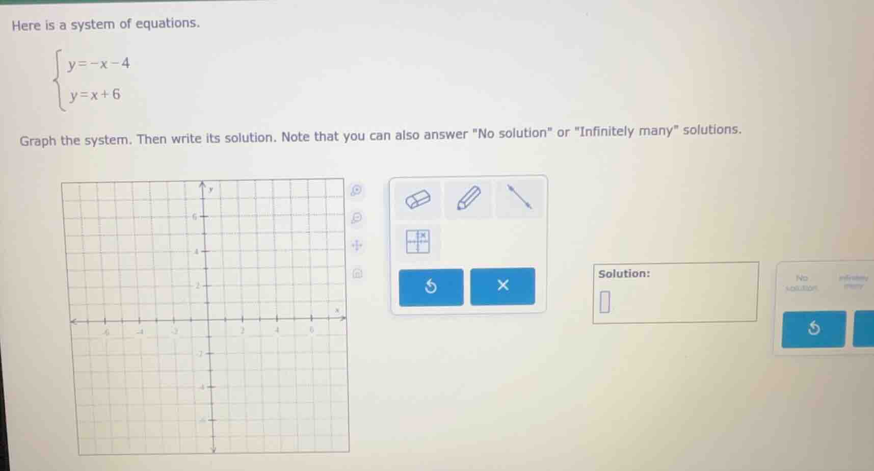 here is a system of equations.\\begin{cases}y = -x - 4\\\\y = x + 6\\en…