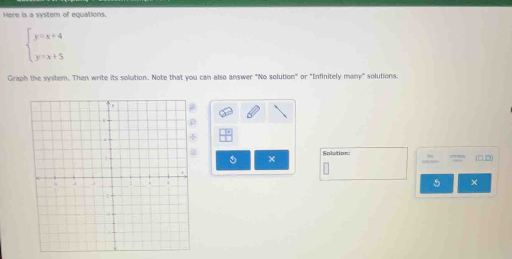 here is a system of equations. \\begin{cases} y = x + 4 \\\\ y = x + 5 …