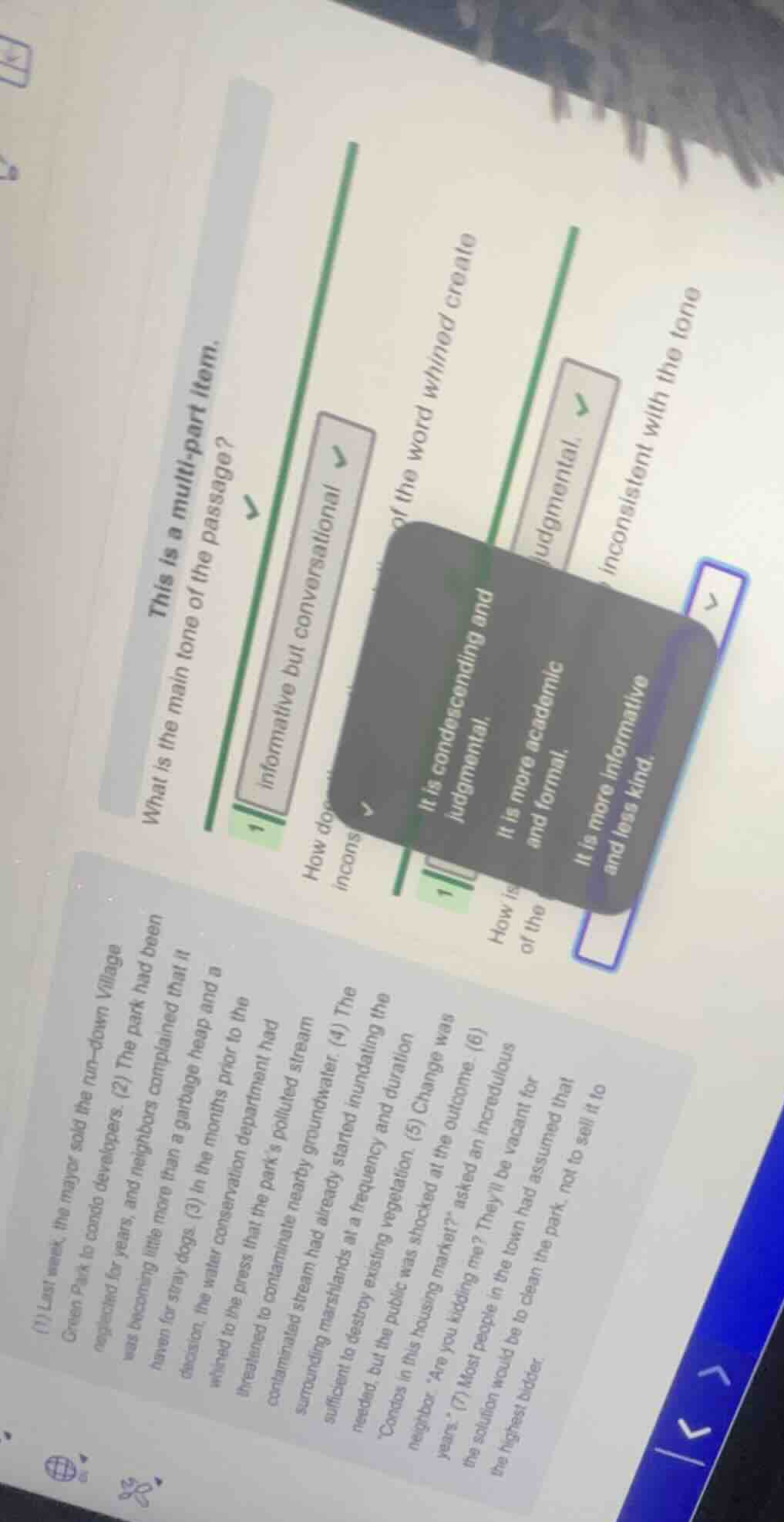 this is a multi - part item. what is the main tone of the passage? 1. i…