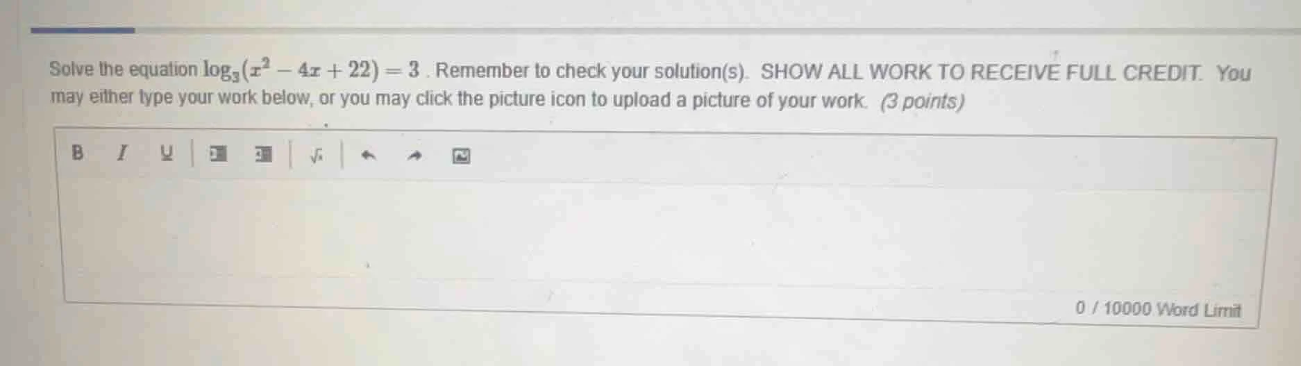 solve the equation \\(\\log_{3}(x^{2} - 4x + 22) = 3\\). remember to ch…