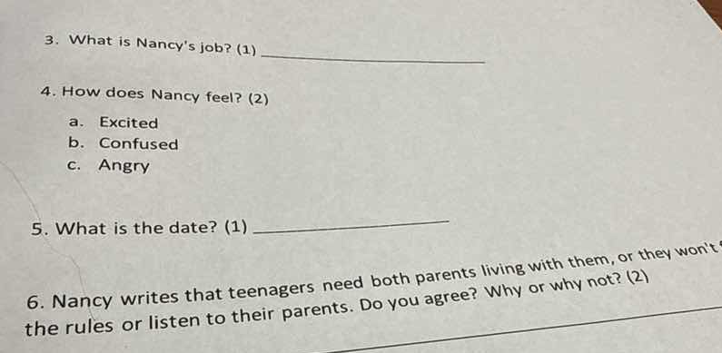 3. what is nancys job? (1) ______________ 4. how does nancy feel? (2) a…