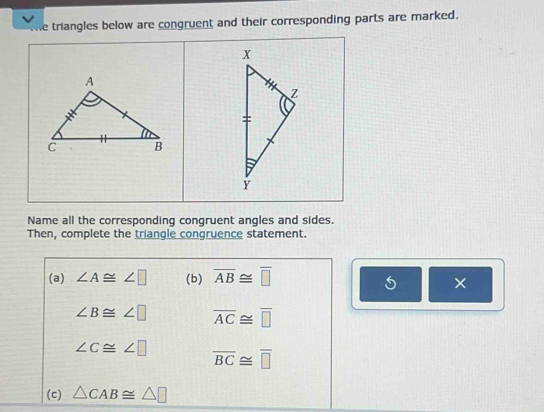 the triangles below are congruent and their corresponding parts are mar…